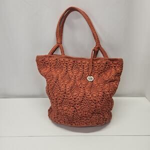 The SAK Orange Crochet Knit Lined Small Double Strap Shoulder Hobo Tote Bag